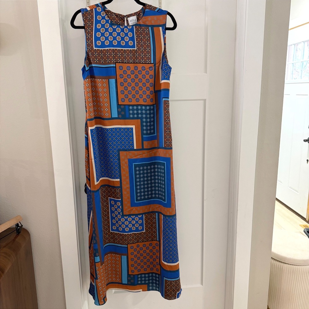 MISA Los Ang Sylvie Dress Blue Tile Patchwork Maxi Sleeveless Boho M Maximalist